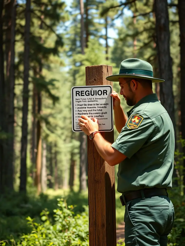 A ranger in a green uniform posts a new hunting regulation sign at the edge of a forest, with clear seasonal guidelines visible, representing the association’s commitment to legal compliance and responsible hunting.