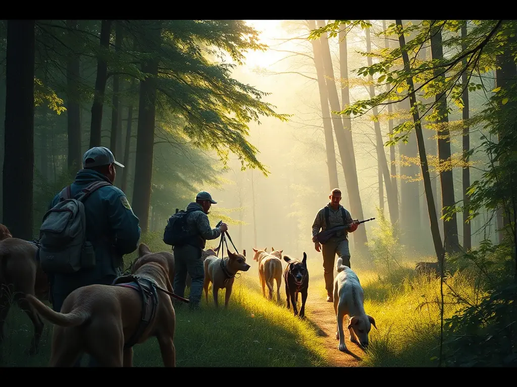 A group of hunters in safety vests preparing for a dawn hunt in a misty forest, with hunting dogs and equipment.