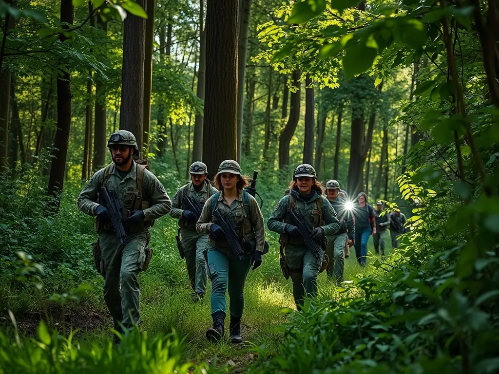A group of uniformed wildlife rangers patrolling a dense forest at dawn, equipped with binoculars and radios, actively monitoring for illegal hunting activity as part of anti-poaching enforcement.
