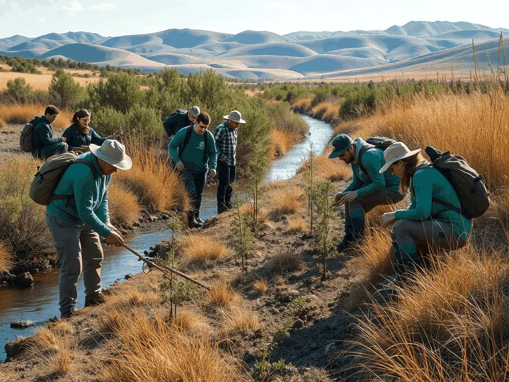 Volunteers planting native trees along a riverbank, with children and adults working together under sunny skies.