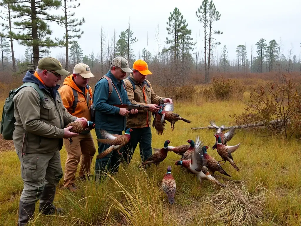 A team of conservationists releasing young pheasants into a sunlit meadow, surrounded by native flora, symbolizing wildlife replenishment and habitat restoration efforts.
