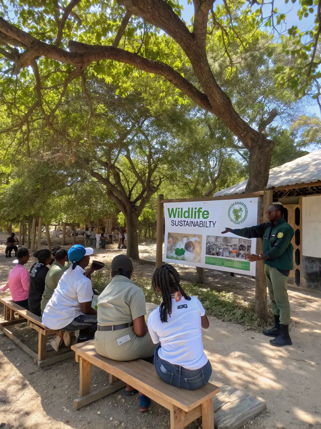 A group of local residents and association members gather for an outdoor educational workshop, with children observing animal tracks and learning about conservation from an expert.
