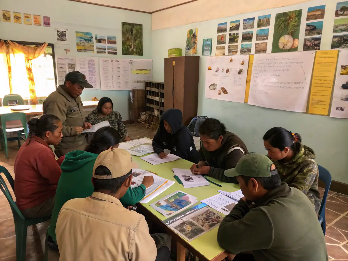 A community workshop in a rural village hall, with hunters and local families gathered around educational displays about sustainable hunting and anti-poaching initiatives.