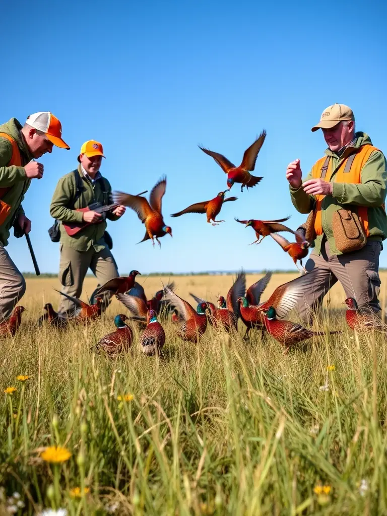 Volunteers release a group of young pheasants into a lush meadow at sunrise, with careful documentation and gentle handling, symbolizing species replenishment and habitat restoration.
