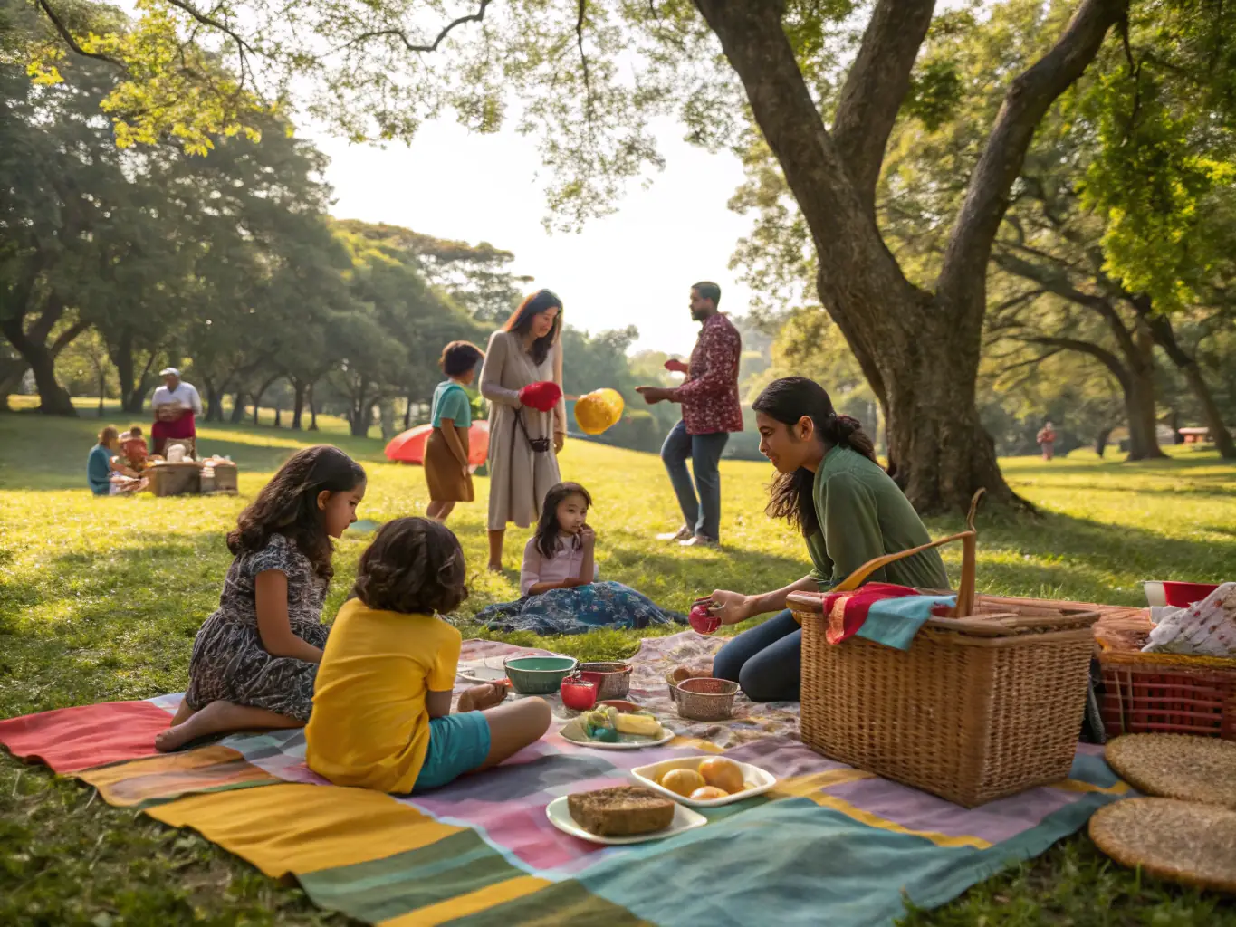 A lively outdoor picnic with families, tables of local food, and informational booths about wildlife protection.