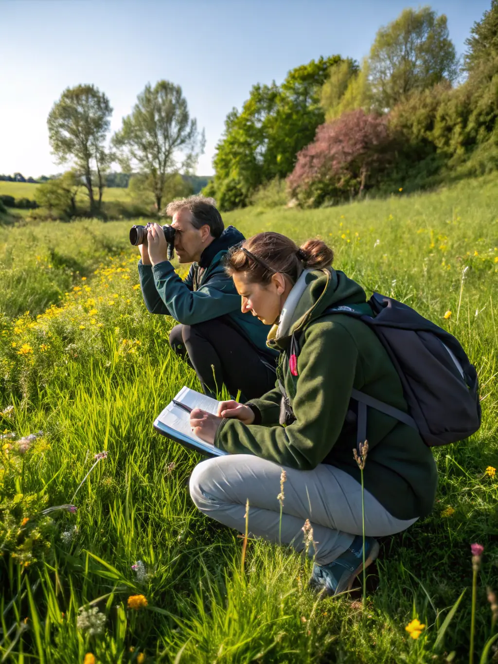 Two association members patrol a woodland path, confiscating illegal traps and documenting evidence, with a focus on anti-poaching operations and wildlife safety.